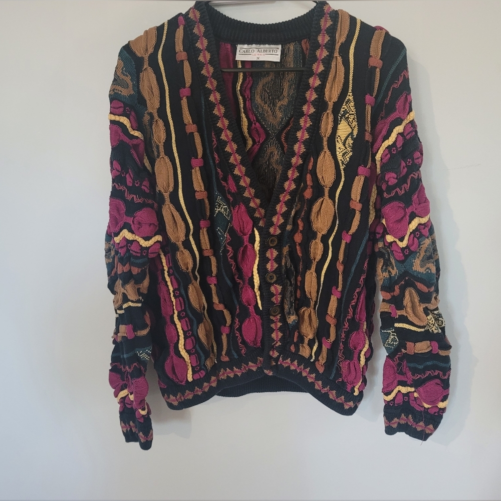 Vintage Carlo Alberto Australia Retro 80's 3D knit Cardigan Sweater Used Size M